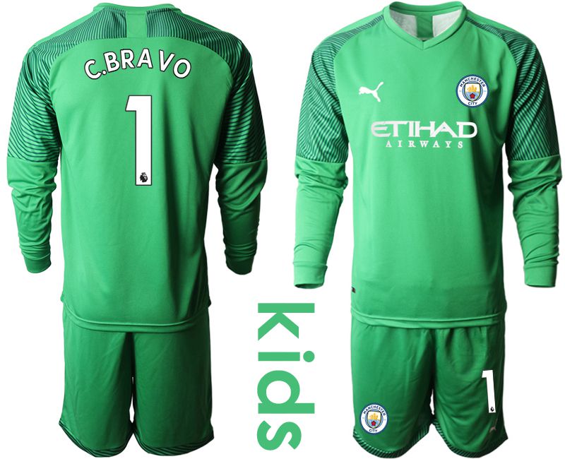 Youth 2019-2020 club Manchester City green goalkeeper long sleeve #1  Soccer Jerseys->->Soccer Club Jersey